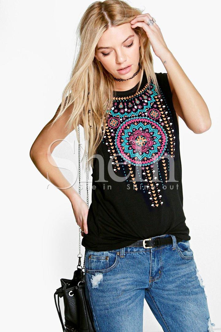 Shein Black Sleeveless Vintage Print Tank Top