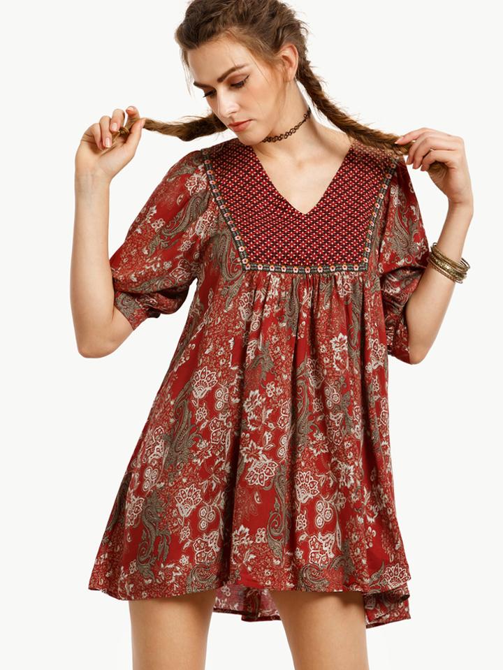 Shein Tribal Print V Neck Half Sleeve Shift Dress