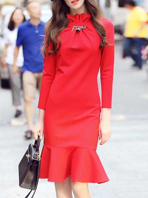 Shein Red Collar Long Sleeve Frill Dress