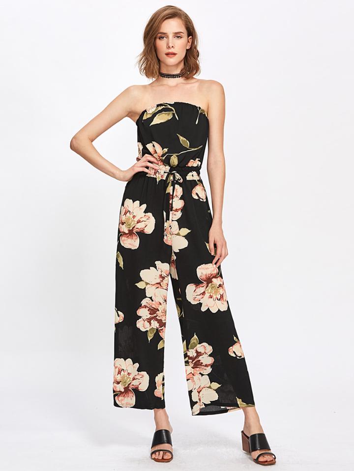 Shein Random Florals Drawstring Waist Bandeau Jumpsuit
