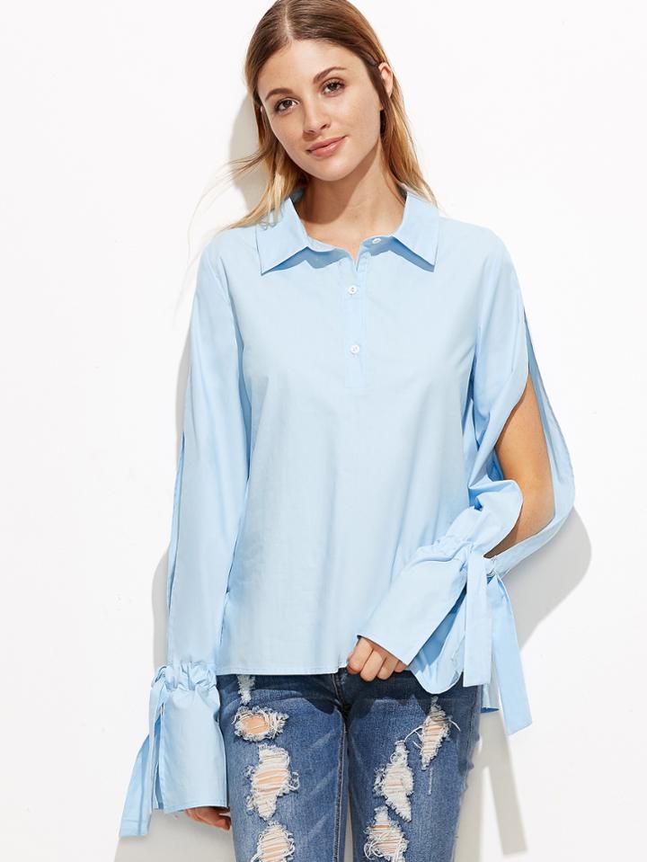 Shein Button Front Split Sleeve Drawstring Cuff Blouse