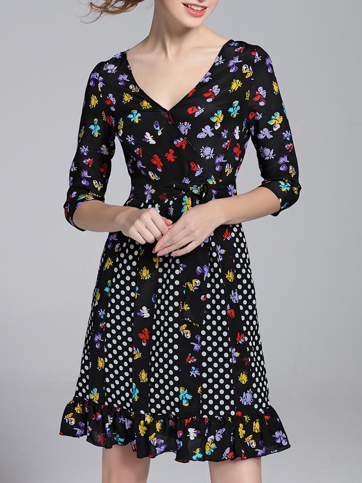Shein Black V Neck Polka Dot Ruffle Dress