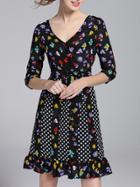 Shein Black V Neck Polka Dot Ruffle Dress