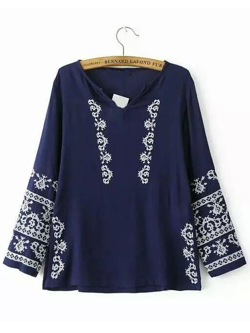 Shein Navy Long Sleeve Embroidered Loose Blouse