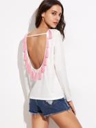 Shein White Tassel Trim Scoop Back T-shirt