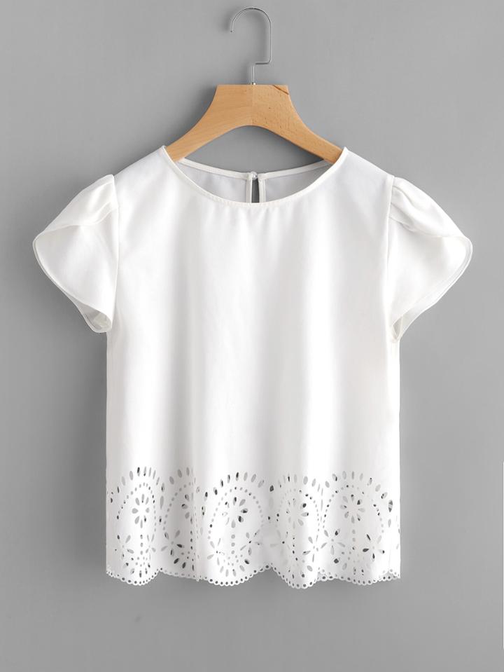 Shein Tulip Sleeve Laser Cut Scallop Hem Blouse