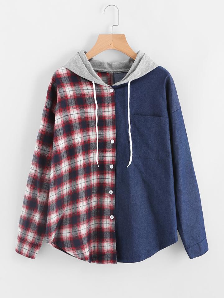 Shein Contrast Tartan Drop Shoulder Hooded Blouse