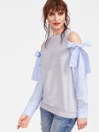 Shein Heather Grey Cold Shoulder Striped Sleeve Sweatshirt