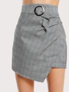 Shein Asymmetric Hem Belted Plaid Skirt