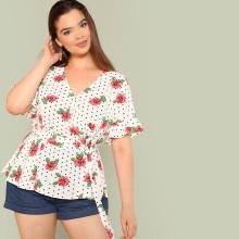 Shein Plus Flower And Dot Print Wrap Top
