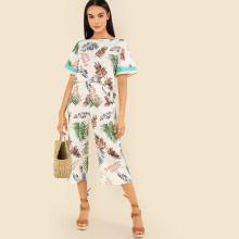 Shein Contrast Tape Jungle Leaf Top & Wide Leg Pants Set