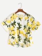 Shein Yellow Lemon Print Keyhole Hollow Out Blouse