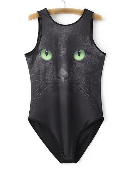 Shein Black Cat Print Slim Swimsuit