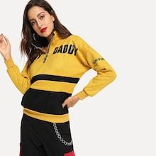 Shein Drop Shoulder Zip Front Letter & Stripe Sweatshirt