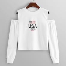 Shein Cold-shoulder Letter And Flag Print Sweatshirt