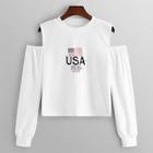 Shein Cold-shoulder Letter And Flag Print Sweatshirt
