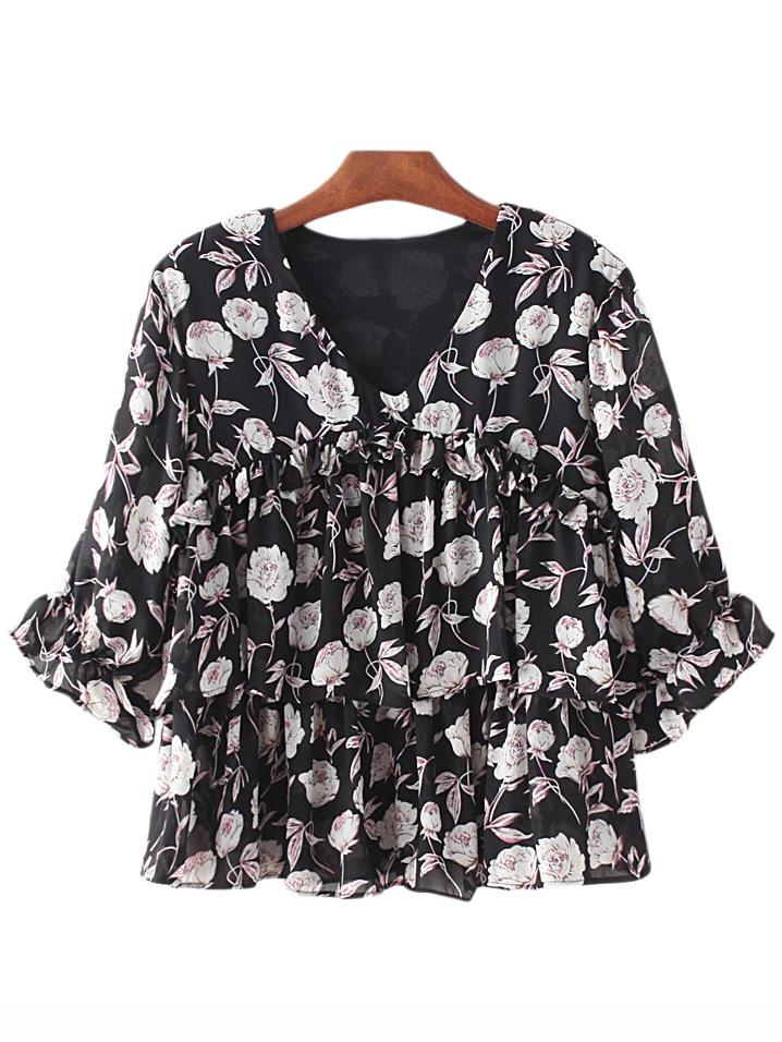 Shein Black V Neck Ruffle Flowers Printed Blouse