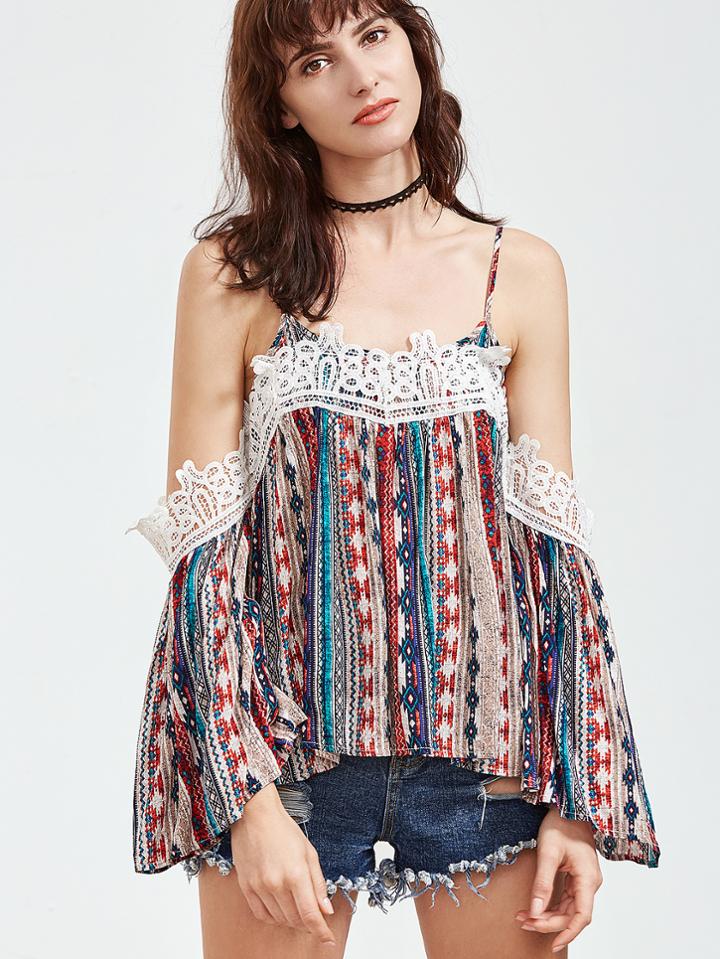 Shein Multicolor Tribal Print Cold Shoulder Applique Top