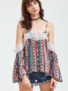 Shein Multicolor Tribal Print Cold Shoulder Applique Top