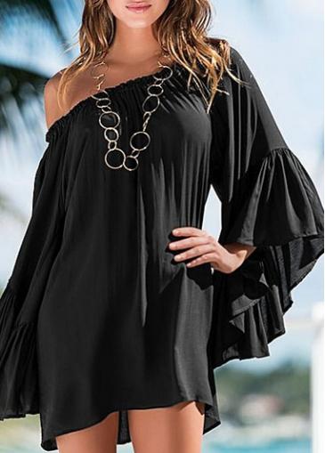 Rosewe Black Boat Neck Flare Sleeve Chiffon Dress