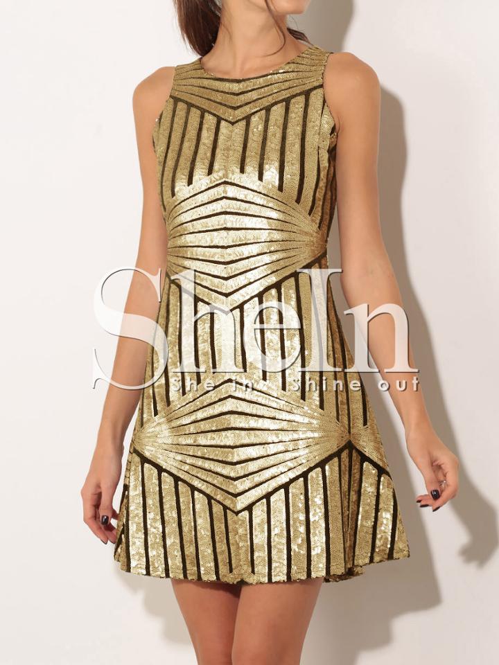 Shein Gold Sleeveless Vertical Striped Dress