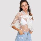 Shein Tie Neck Embroidered Sheer Mesh Top Without Bra