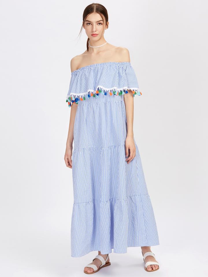 Shein Colorful Tassel Trim Tiered Flounce Bardot Dress