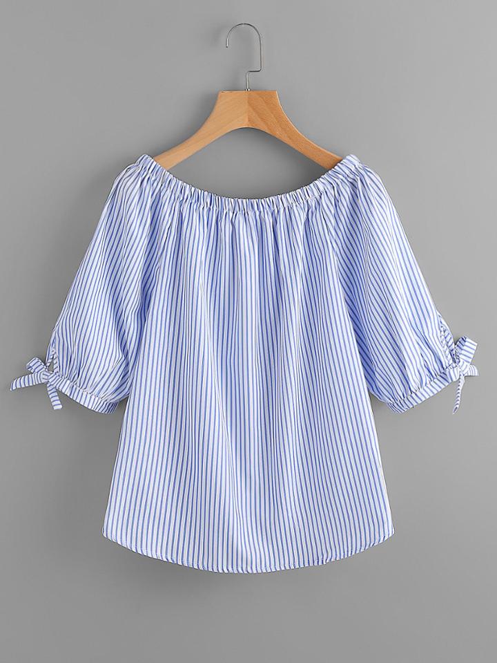 Shein Boat Neckline Vertical Striped Tie Sleeve Blouse