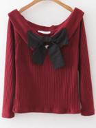 Shein Red Boat Neck Ribbed Sweater With Bow