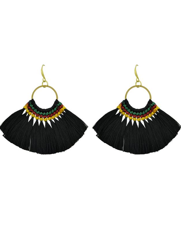 Shein Black Boho Fan Shaped Earrings Ethnic Style Tassel Big Earrings