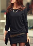 Rosewe Charming Black Long Sleeve Round Neck Cotton Straight Dress