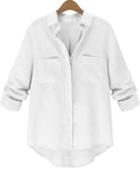 Shein White Lapel Long Sleeve Pockets Dipped Hem Blouse