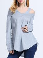 Shein Grey V Neck Cold Shoulder Loose T-shirt
