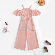 Shein Girls Overlap Flounce Cold-shoulder Jumpsuit