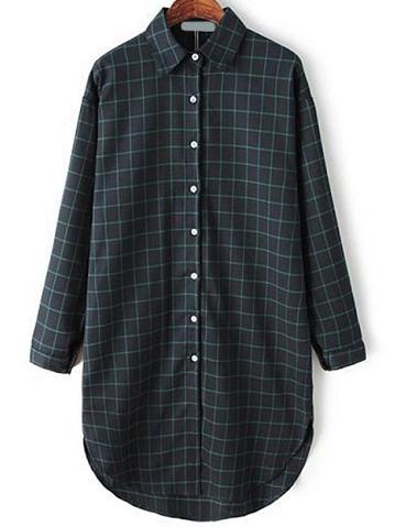 Shein Green Lapel Long Sleeve Plaid Shirt Dress