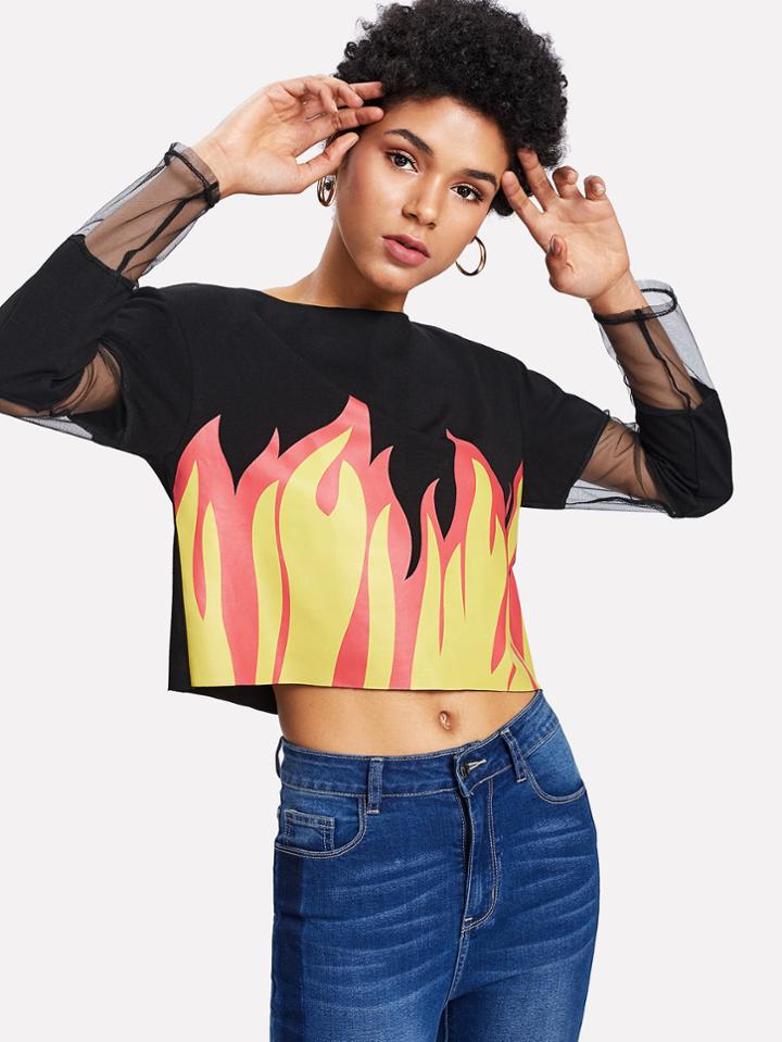 Shein Mesh Insert Fire Pattern Crop Tee
