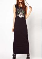 Rosewe Black Cat Print Ankle Length Dress For Summer
