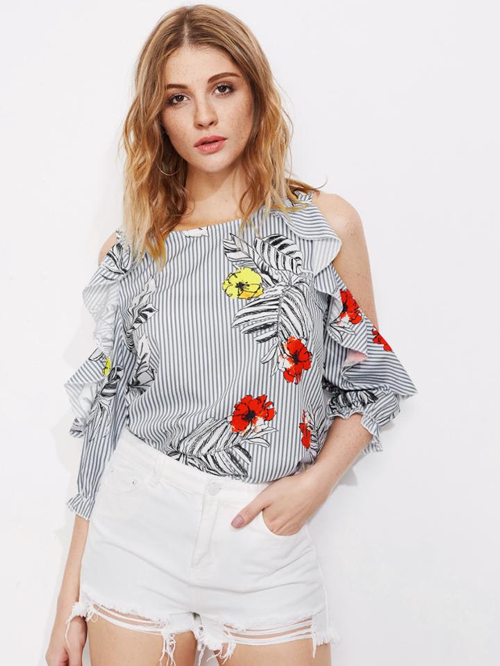 Shein Random Jungle Print Open Shoulder Frill Trim Top