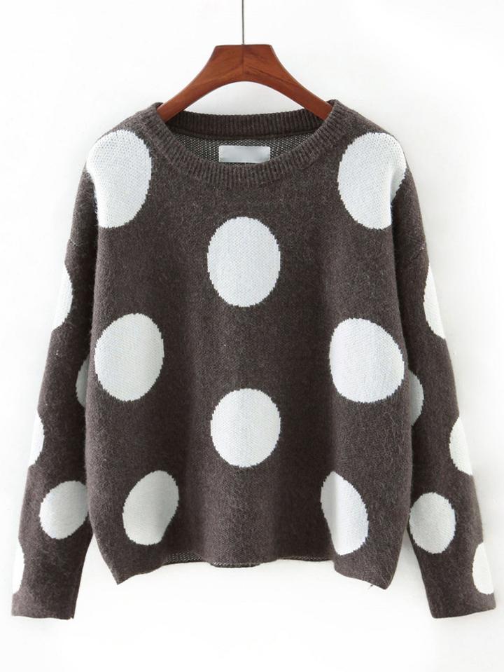 Shein Dark Grey Round Neck Polka Dot Sweater