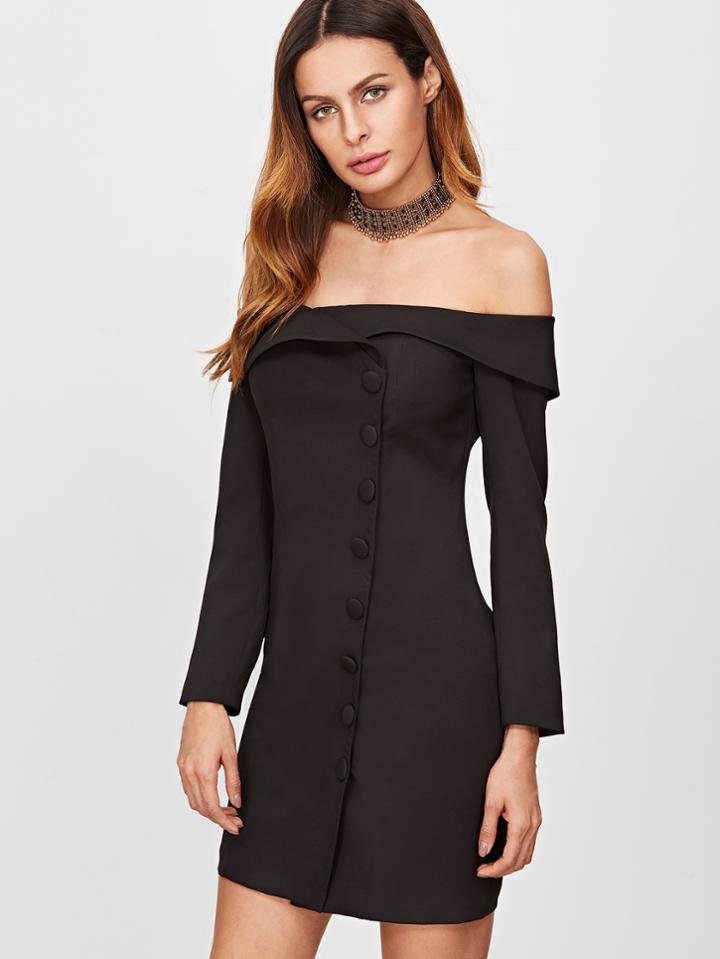 Shein Black Foldover Off The Shoulder Buttoned Tailored Dress