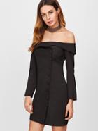 Shein Black Foldover Off The Shoulder Buttoned Tailored Dress