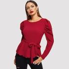 Shein Puff Sleeve Scalloped Hem Belted Blouse