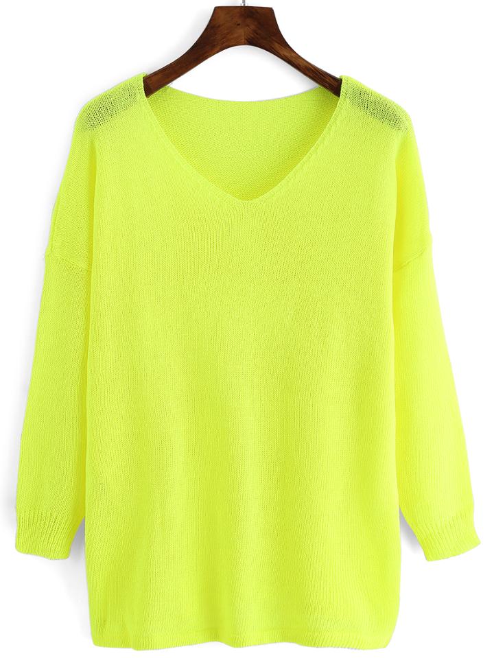 Shein Neon Yellow V Neck Loose Knitwear