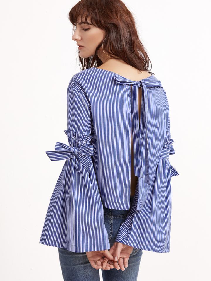 Shein Blue Striped Bow Tie Split Back And Bell Sleeve Blouse