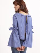 Shein Blue Striped Bow Tie Split Back And Bell Sleeve Blouse