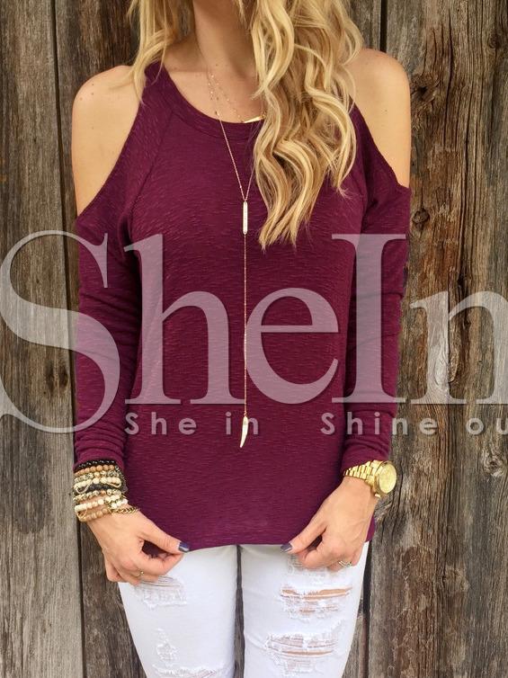 Shein Burgundy Open Shoulder Zipper Side T-shirt