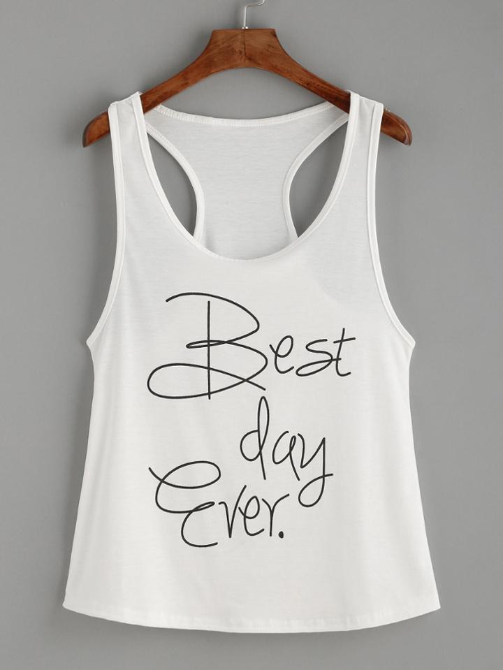 Shein White Letter Print Racerback Tank Top