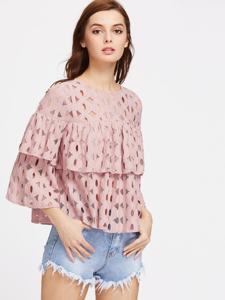Shein Hollow Out 3/4 Sleeve Layered Ruffle Lace Top