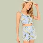 Shein Mixed Print Crop Top & Ruffle Shorts Co-ord