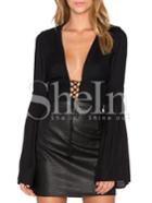 Shein Black Lace Up Deep V Neck Blouse